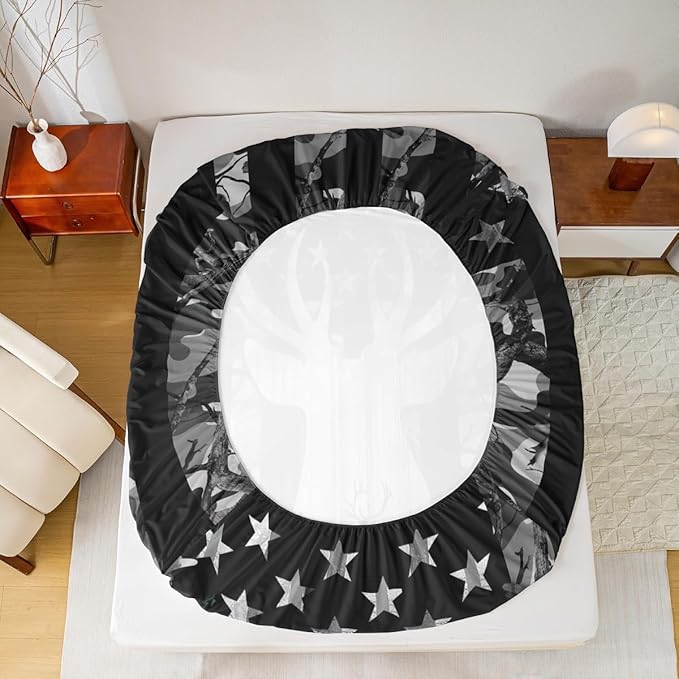 Deer Antlers Silhouette Sheet Set Queen,Camouflage American Flag Bedding Set for Kids Teens Adults, Camo Wild Animal Natural Bed Sheet 4pcs with Deep Pocket Fitted Sheet + Flat Sheet + 2 Pillowcases
