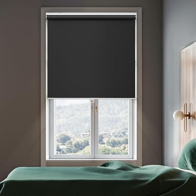 GENIMO 100% Blackout Roller Window Shades, Window Blinds Cordless with Thermal Insulated, UV Protection Fabric, Mini French Door Blinds for Home, Office, Bedroom, Easy to Install, Black, 50" W X 72" H