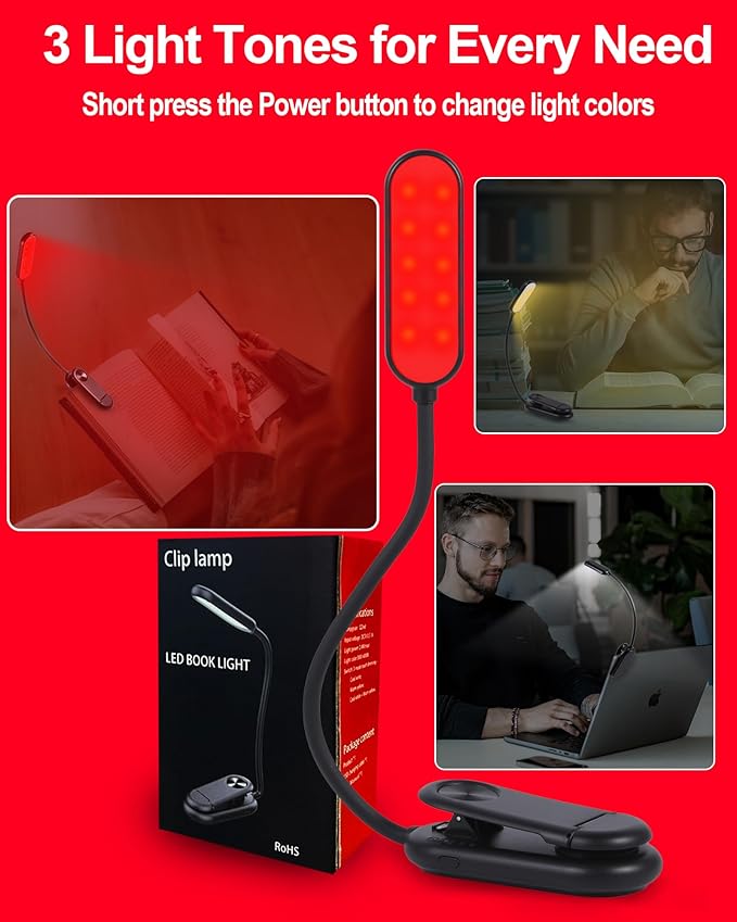 625nm Red Book Light [2 Pack] - Zero Blue Light, Rechargeable Clip On Red Reading Light Lamp for Reading at Night - Poratble Dimmable LED Book Lamp, Gift for Lovers Travel Studying Nursing
