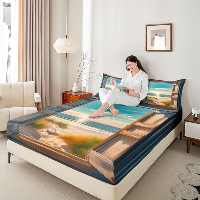 Beach Kids Full Size Fitted Sheet,Sunrise Wooden Door Coastal Boys Girls Bed Sheets,Hawaii Seaside Seascape Room Decor,Brown Blue Bedding Set,2 Pillowcases(No Flat)