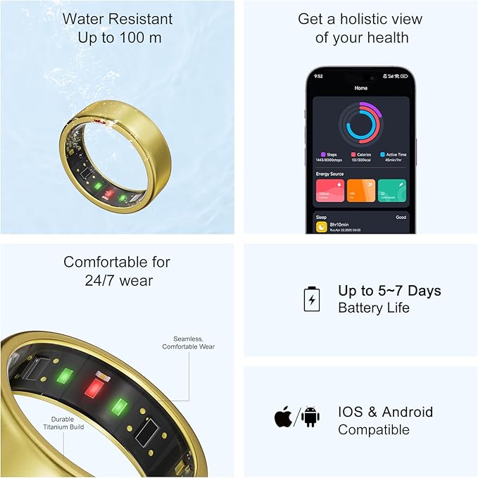 Ring OnePlus - Ultra-Thin Titanium Smart Ring - 7 Days Battery Life - Fitness/SPO₂/Stress/HR/Sleep Skin Temperature Tracker - No App Fee - iOS&Android Compatible (Gold,Size 12)