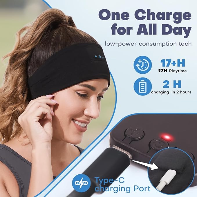 Sleep Headphones Bluetooth Headband for Side Sleeper 2 Pack, 17H Playtime, Wireless Headband Headphones with HD Stereo Speakers for Workout,Running,Yoga, Ideal Gifts for Men, Women, Teens, Black × 2