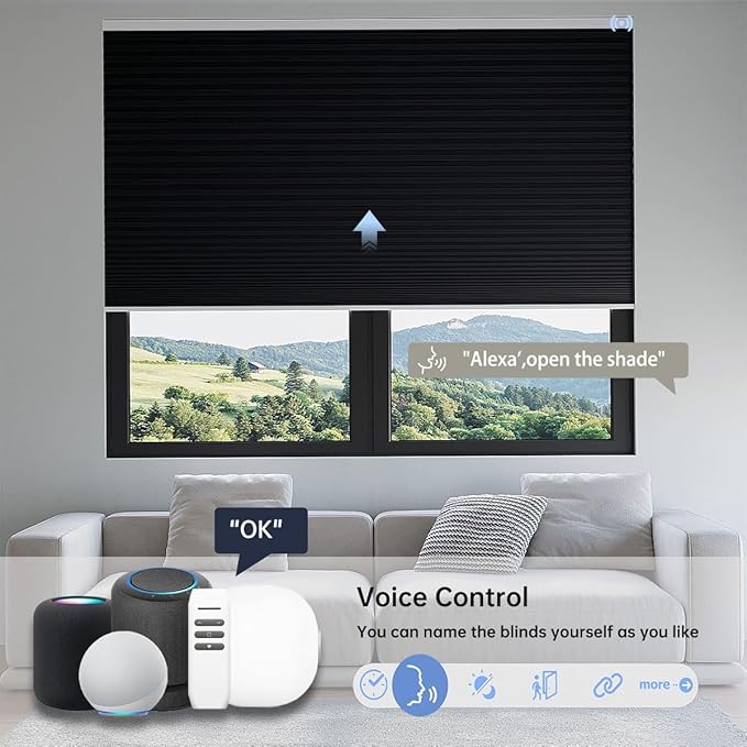 Motorized Cellular Shades with Remote, Blackout Smart Cellular Shades Compatible with Alexa, Cordless Honeycomb Window Blinds for Bedroom Home Office, Custom Size, Blackout Black