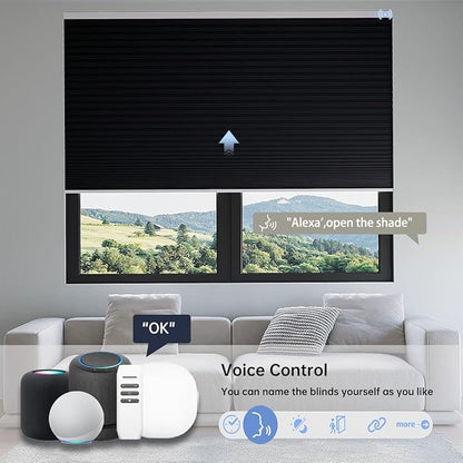 Motorized Cellular Shades with Remote, Blackout Smart Cellular Shades Compatible with Alexa, Cordless Honeycomb Window Blinds for Bedroom Home Office, Custom Size, Blackout Black