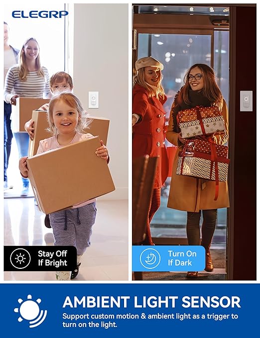 ELEGRP Smart Motion Sensor Switch, 2.4GHz Wi-Fi Single Pole Light Switch Works with Alexa & Google Assistant, APP Remote Control, Neutral Wire Required, UL Certified, No Hub Required (White, 1 Pack)