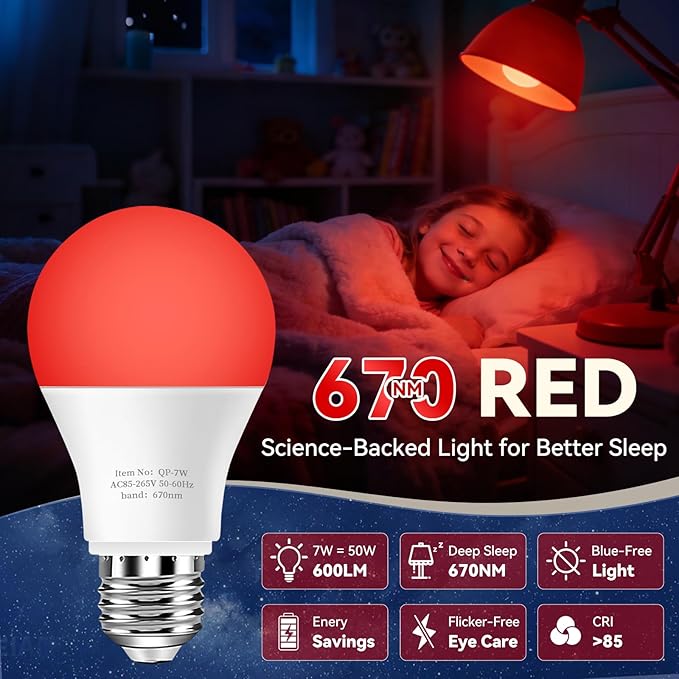 Neporal 7W 670nm Red Light Bulbs for Sleep - 100% Blue Light Blocking Bulbs for Melatonin Promote, A19 50W Equivalent Dim LED Red Light Bulb for Lamps, Bedroom Sleeping, Reading, Baby Nursery, 1-Pack