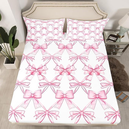 Pink Bowknot Fitted Sheet,Watercolor Bow-tie Princess Style Paint Sheet Set for Adults Ultra Soft Room Gift,Dreamy Bow Crossed Grids Lines Pink White Bedding Set with 2 Pillowcases,Queen Size