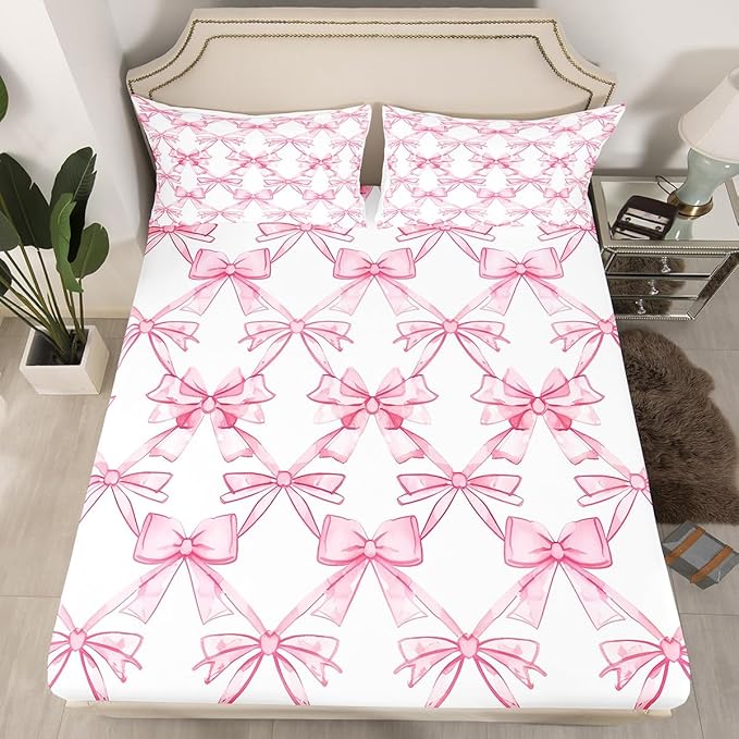 Pink Bowknot Fitted Sheet Twin Size,Watercolor Bow-tie Princess Style Paint Bed Sheet with 1 Pillowcase,Dreamy Bow Crossed Grids Lines Pink White Soft Decorative Fabric Bedding,Room Gift