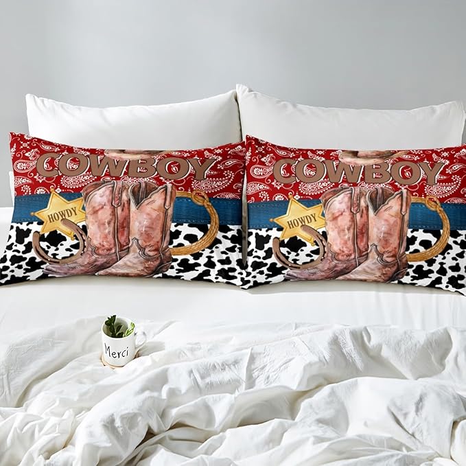 Western Cowboy Bed Sheet Set American Tribal Boots Horseshoe Retro Fitted Sheet for Ultra Soft Red Boho Paisley Rustic Cowhide Patchwork Bedding Cover Set Room Decor Queen (No Flat Sheet)