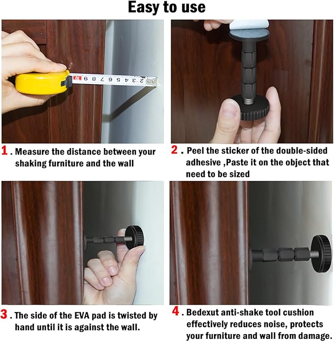 Adjustable Threaded Headboard Stoppers/Bumper Against Wall, 4 Pack Behind Bed Frame Protector Antishake Tool, Bed Shake Support Stabilizer Device for Anti-Knocking,Banging, Metal (Black 27-114mm)