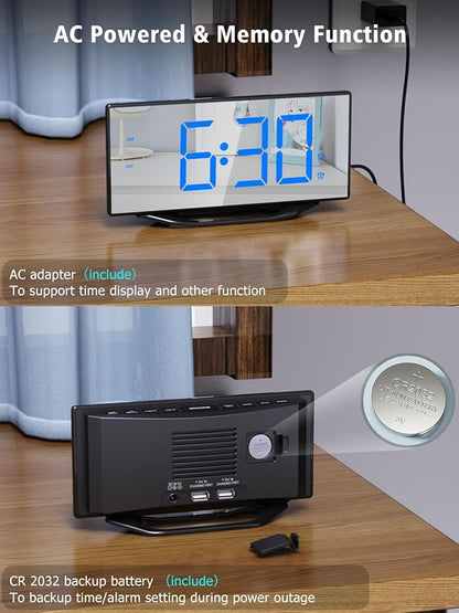 Alarm Clock for Bedroom,8.7"Big Display Digital LED Mirror Clock with 2 Alarms,Adjustable Dimmer&Volume,USB Phone Charger,Plug in Loud Basic Alarm Clock for Deep Sleeper Adult Kid Senior Teen Boy Girl