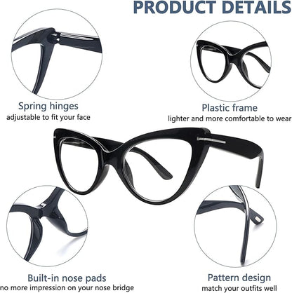 6 Pack Fashion Cat Eye Reading Glasses for Women Blue Light Blocking Oversized Spring Hinges Computer Readers