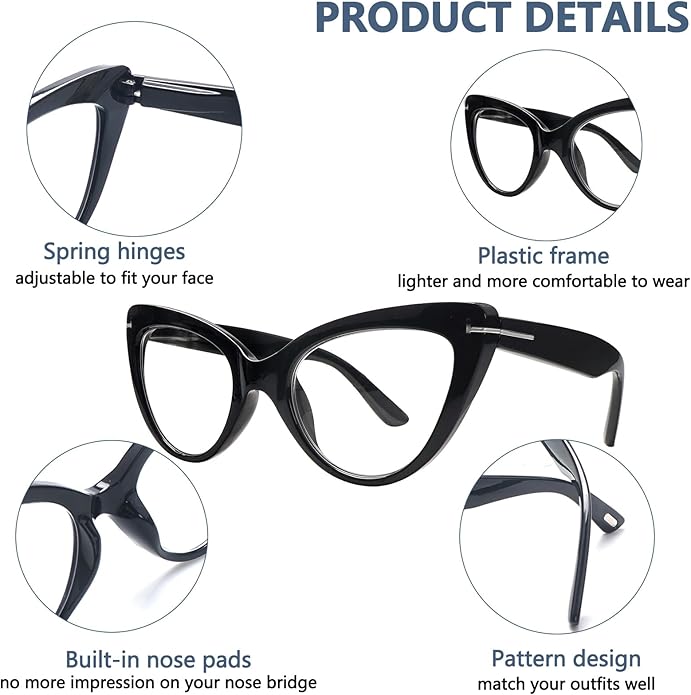 6 Pack Fashion Cat Eye Reading Glasses for Women Blue Light Blocking Oversized Spring Hinges Computer Readers