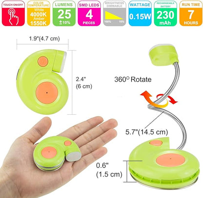 Kids Rechargeable Book Light, Clip on Reading Light for Kid, Kids Reading Lights, Amber Book Light for Reading in Bed, 2 Lighting Modes, Blue Light Blocking, Bookmark Light for Bookworms-Green