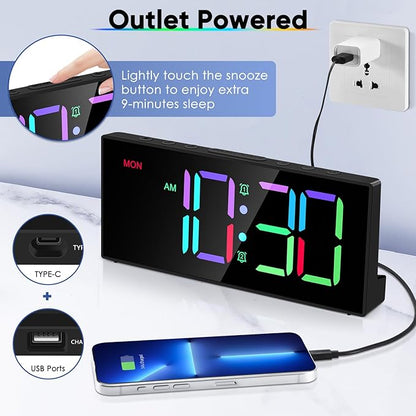 Loud Alarm Clock for Heavy Sleepers, Digital Clocks with Adjustable Volume Brightness,Snooze,Battery Backup, Large Numbers Display RGB Colorful Changing Clock for Bedrooms,Offce Living Rooms