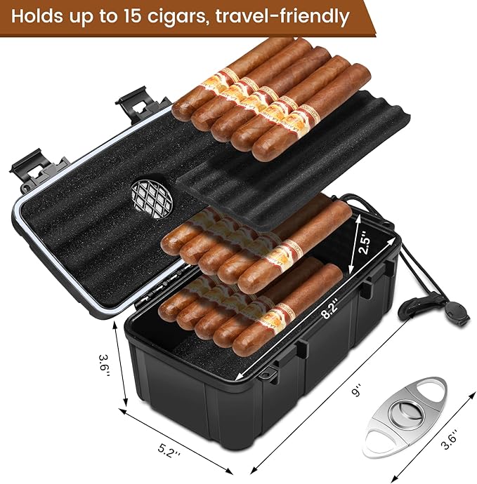 Flauno Travel Cigar Humidor - Portable Cigar Case with Cigar Cutter & Humidifier, Holds up to 15 Cigars, Waterproof, Crushproof, Airtight Seal, Durable