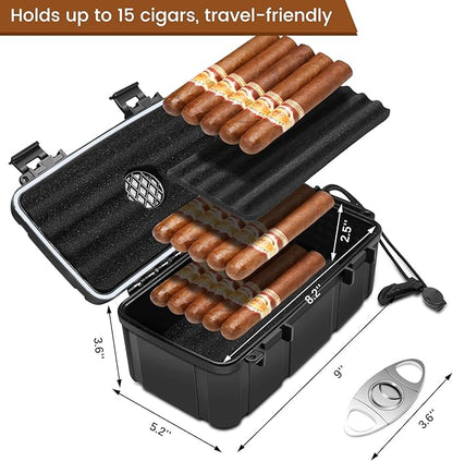 Flauno Travel Cigar Humidor - Portable Cigar Case with Cigar Cutter & Humidifier, Holds up to 15 Cigars, Waterproof, Crushproof, Airtight Seal, Durable