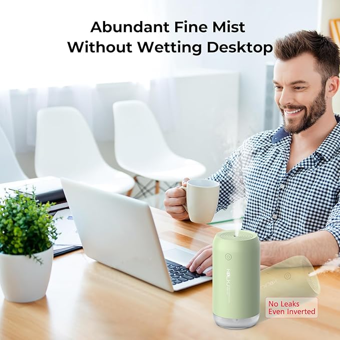 Portable Mini Humidifier, KQLKJ 350ml Small Cool Mist Humidifiers, USB Personal Desktop Humidifier for Bedroom Car Office Travel with Auto Shut-Off & 2 Mist Modes (Green)