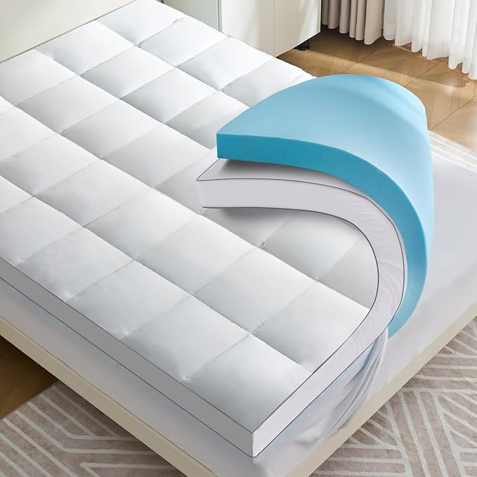 4 lnch Dual Layer Mattress Topper Twin Size, 2 Inch Cooling Gel Memory Foam and 2 Inch Soft Pillow Top Mattress Pad Cover for Back Pain, with Elastic Deep Pocket