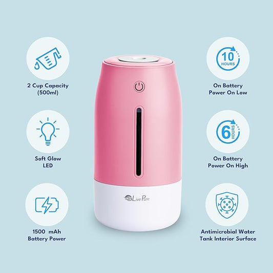 LivePure Cool Mist Humidifiers for Bedroom. Small Humidifier for Babies, Nursery, Plants, Office. Ultrasonic Cool Mist Humidifier w/Quiet Operation, USB-C Rechargeable. Rose Quartz