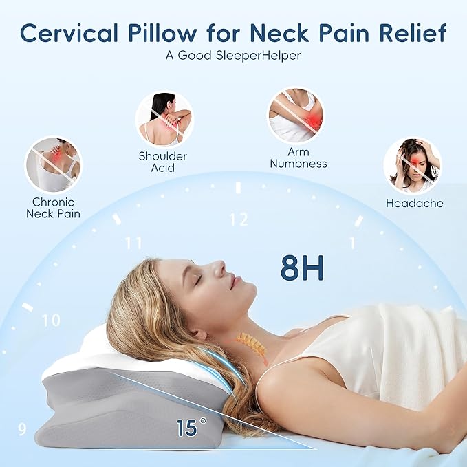Cervical Pillow for Neck and Shoulder Support, Ergonomic Contour Pillow for Pain Relief, 2 Heights Cooling Memory Foam Orthopedic Pillow for Side Back Stomach Sleepers White Grey