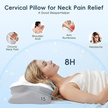 Cervical Pillow for Neck and Shoulder Support, Ergonomic Contour Pillow for Pain Relief, 2 Heights Cooling Memory Foam Orthopedic Pillow for Side Back Stomach Sleepers White Grey