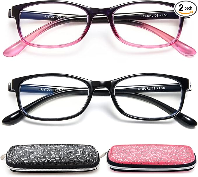 EYEURL 2 Pack Reading Glasses Blue Light Blocking Readers for Women-TR90 Lightweight Computer Reading Glasses Stylish Rectangular Frames Eyeglasses+1.5
