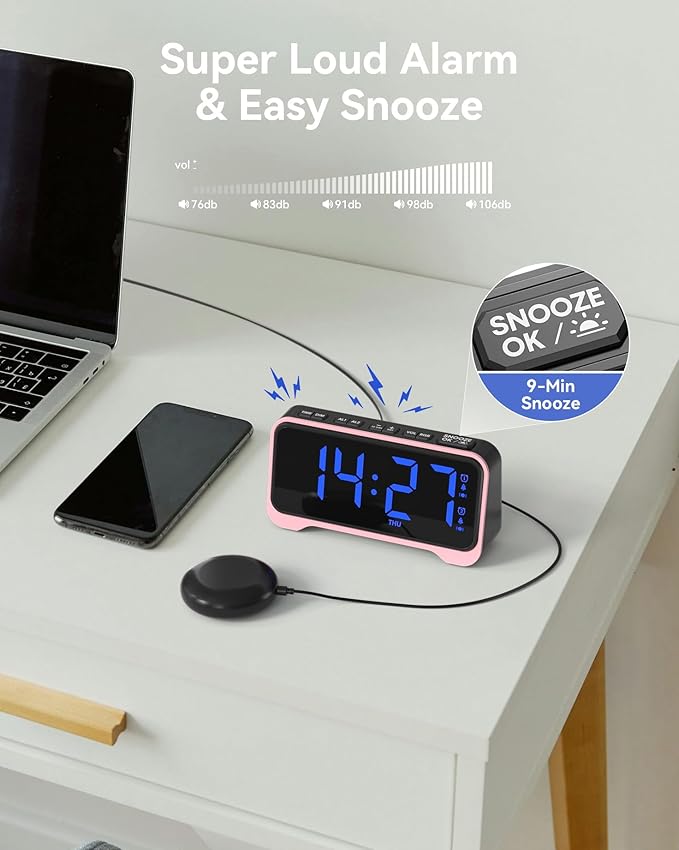 Loud Alarm Clock for Heavy Sleepers Adults, Bed Shaker Alarm Clock with 10-Color Modes/Night Light/USB Charger/7 Dimmer/Battery Backup, Vibrating Alarm Clocks for Hearing Impaired Deaf, Kids, Teens