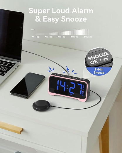Loud Alarm Clock for Heavy Sleepers Adults, Bed Shaker Alarm Clock with 10-Color Modes/Night Light/USB Charger/7 Dimmer/Battery Backup, Vibrating Alarm Clocks for Hearing Impaired Deaf, Kids, Teens