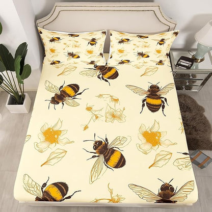 Honeycomb Bee Kids Fitted Sheet Full Size,Hand Drawn Flowers Leaves Rustic Bedding Set,Boys Girls Room Decor,Wildlife Animals Farmhouse Bed Cover,Yellow Beige Bed Sheet,2 Pillowcases