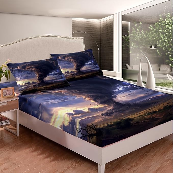 3D Tornado Fitted Sheet Twin Size,Mystic Sky Purple Lightning Paint Bed Sheet with 1 Pillowcase,Natural Disaster Desert Sky Clouds View Soft Decorative Fabric Bedding,Room Gift