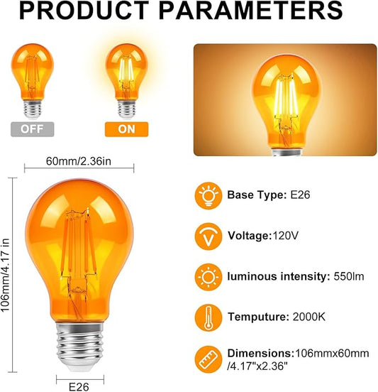 KINUR LED Edison Bulbs, 60 watt Light Bulbs Replacement 6W 2000K E26 A19 Amber Soft Warm Light Bulb for Bedroom, Healthy Sleep,Turtle Friendly Light Bulbs 4 Pack