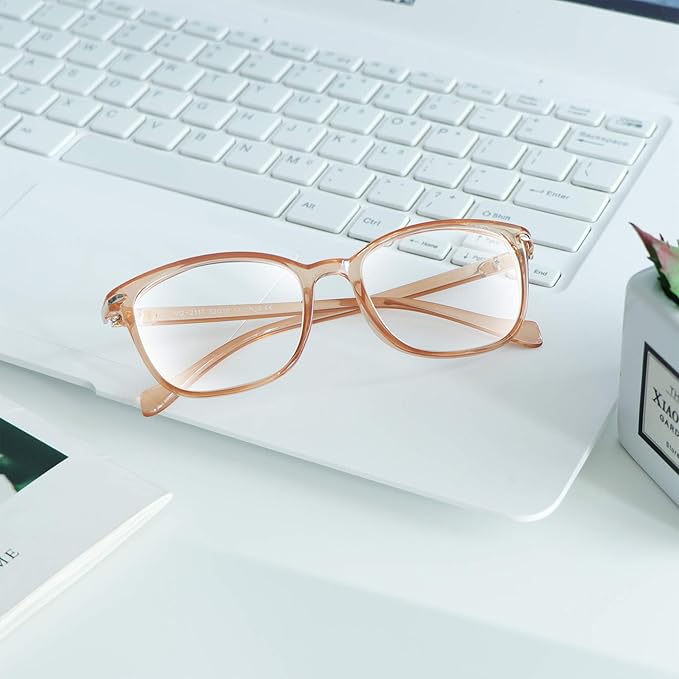 VisionGlobal Blue Light Blocking Glasses for Women and Men, Anti Eyestrain, Computer Reading, TV Glasses, Stylish Square Frame, Anti UV, Anti Glare(Champagne,No Magnification)