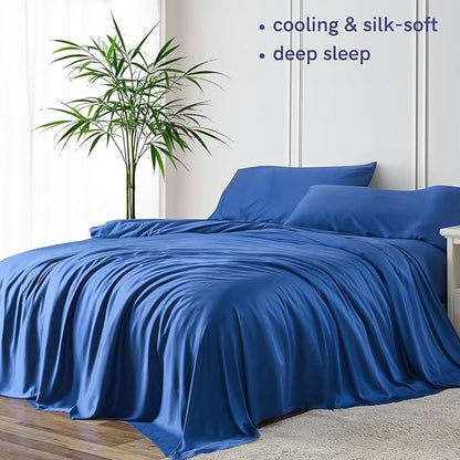 YnM Cooling Bed Sheet Set with 100 Percent Rayon Derived from Bamboo, 400TC Fabric with 1 Pillowcase and Flat Sheet, Deep Pocket Fit 19'', Silky-Soft & Sweat Wicking, 3 Piece (Twin, Dark Blue)
