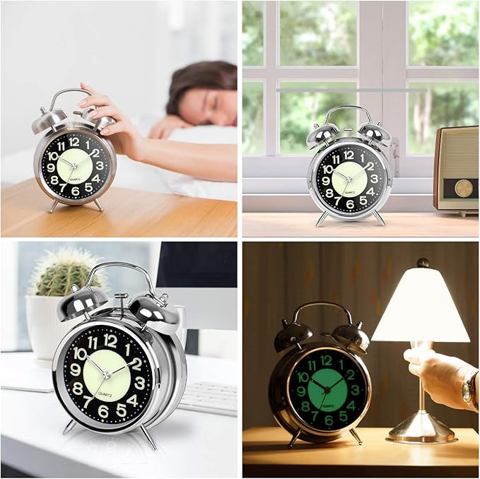 AYRELY® Super Loud Alarm Clock for Heavy Sleepers Adults,Twin Bell Retro 4 Inch Silent Non-Ticking Quartz with Backlight, Luminous dial, Alarm Clocks for Bedrooms Bedside (Silver)