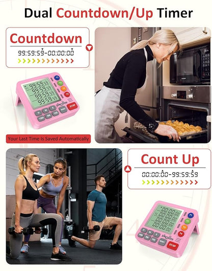 Digital Kitchen Timer for Cooking - 4 Channel Count Up Countdown Timer with Loud Alarm and Silent Mode, Large Display, Magnetic Back, Auto Memory for Classroom Study Gym, Battery Included (Pink)