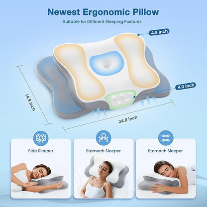 Cervical Pillow for Neck Pain Relief, Cooling Contour Memory Foam Pillows Support Odorless Ergonomic Neck Pillow Adjustable Orthopedic Bed Pillow for Side Back Stomach Sleeper,Snow