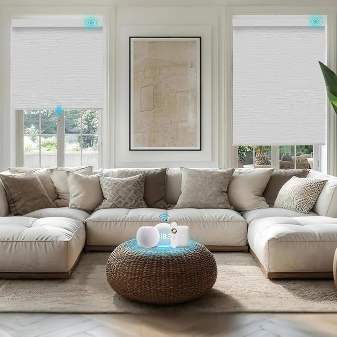 Motorized Blinds with Remote, Smart Blind Roller Shades Compatible with Alexa, Durable Rechargeable Battery Solar Power Electric Window Blinds Motorized Shades Customized Size (Luxury-White)