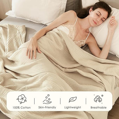 EMME Cotton Bed Blanket Twin Size Soft Muslin Boho Bedding Lightweight Breathable Light Tan Twin Blanket All Season Gauze
