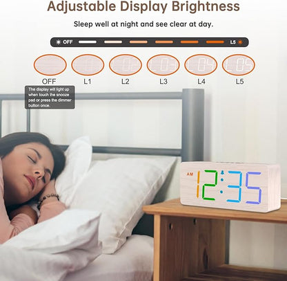 DreamSky Wooden Digital Clock for Bedroom Desk - RGB Loud Alarm Clock for Heavy Sleepers with Volume Control, Large Numbers with Dimmer for Living Room Office, Wood Decor (Plug in Clock)