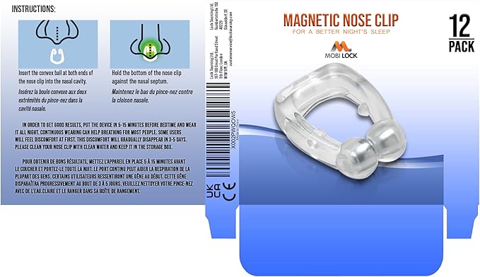 Mobi Lock Magnetic Nasal Clip (Pack of 12) - Silicone Nose Clip - A Simple Solution for Nasal Snorers - Reusable Snoring Device to Enjoy a Peaceful Night's Sleep