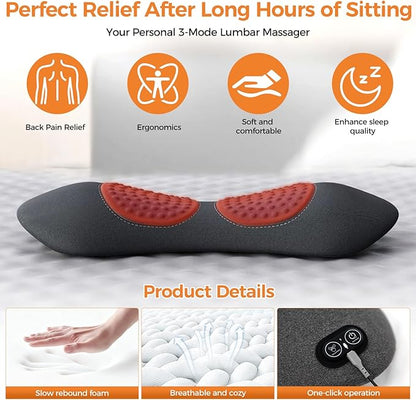 3-in-1 Heated Vibration Massage Memory Foam Lumbar Support Pillow for Back Pain Relief - Ergonomic Back Cushion with Adjustable Heat/Vibration, Retro Design for Home, Office, Travel