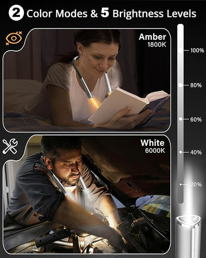 Vekkia Reading Light for Books in Bed, Retractable Neck Light, 2 Color&5 Brightness, Rechargeable Book Lamp, Long Lasting, Knitting,Crafting,Repairing