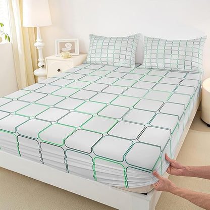 Grids Kids Full Size Fitted Sheet,Geometric Square Patchwork Room Decor,Simple Abstract Modern Boys Girls Bed Sheets,Gray Bedding Set,2 Pillowcases(No Flat)