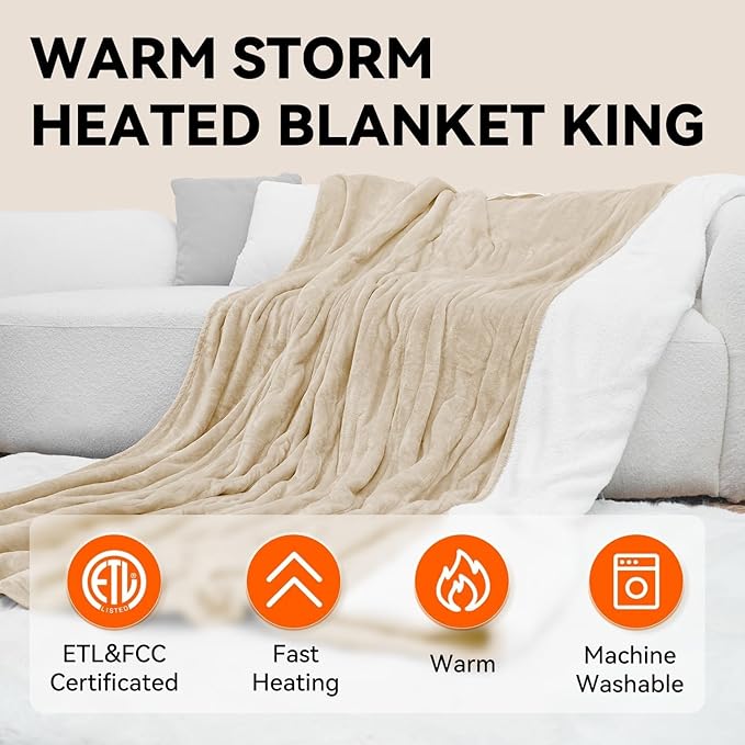 Warm Storm Electric Blanket King Size Heated Blanket Anti-Static Flannel & Sherpa 10 Heating Levels 12 Hours Auto Off Machine Washable Beige 90"x 100"