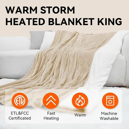 Warm Storm Electric Blanket King Size Heated Blanket Anti-Static Flannel & Sherpa 10 Heating Levels 12 Hours Auto Off Machine Washable Beige 90"x 100"