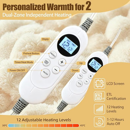 Heated Blanket Electric Blanket Heating, Dual Control Soft Ribbed Faux Fur Electric Blanket with 12 Heat Levels 12H Timer ETL FCC Certified Machine Washable (White, King | 90" x 100")