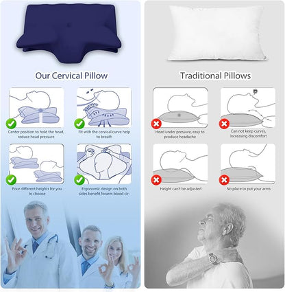 Cervical Pillow for Neck Pain Relief, Cooling Contour Memory Foam Pillows Support Odorless Ergonomic Neck Pillow Adjustable Orthopedic Bed Pillow for Side Back Stomach Sleeper with Pillowcase,Navy
