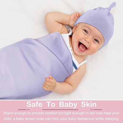 JaGely 2 Pcs Stretchy Baby Swaddle Blankets Set Extra Soft 47" x 47" Baby Newborn Swaddle Blanket and Hat(Pink, Light Purple)