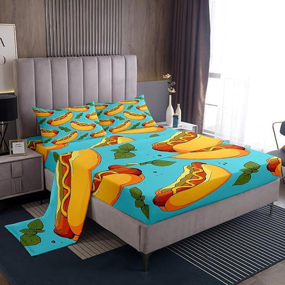 Manfei Fast Food Sheet Set King Size, American Cartoon Hot Dog Hamburg Bedding Set for Kids Boys Girls Room Decor, Creative Abstract Bed Sheet Set 4pcs (Fitted Sheet, Flat Sheet, 2 Pillowcases)